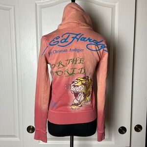 VTG y2K ED HARDY CHRISTIAN AUDIGIER PINK OMBRE CRYSTAL ZIP UP HOODIE